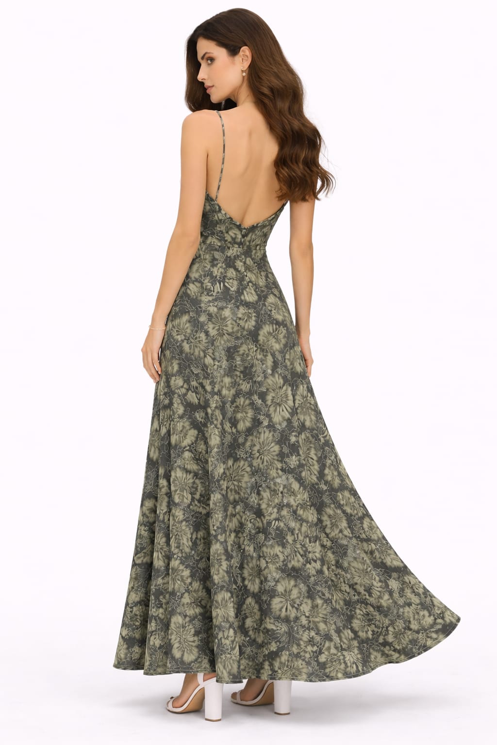 Women’s Olive Green Floral Print Maxi Dress with High Slit