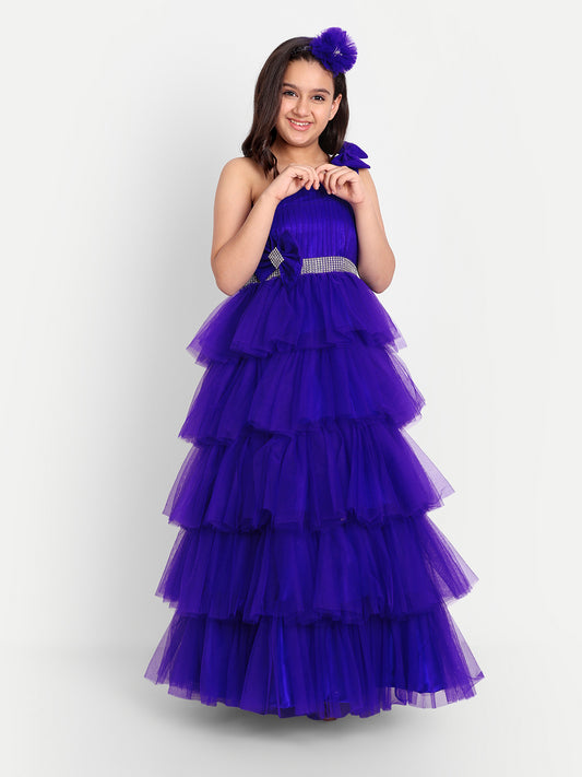 Royal Purple Layered Ruffle Gown for Girls with One-Shoulder Design