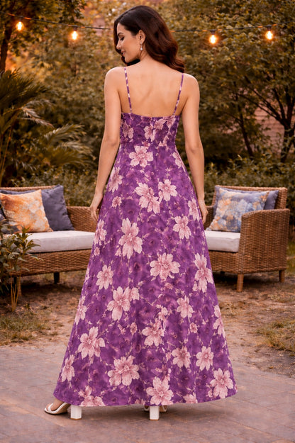Women’s Purple Floral Print Maxi Dress with High Slit