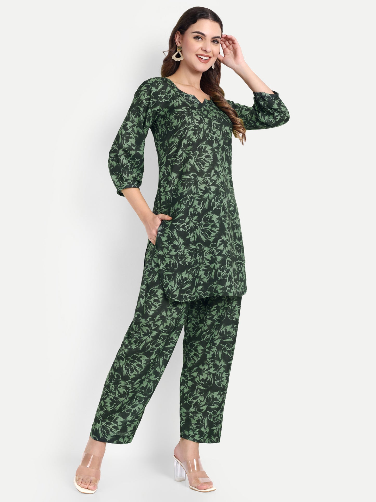Elegant Women Co-ord Set – Stylish Matching Top & Bottom Outfit for Casual & Party Wear dark forest green
