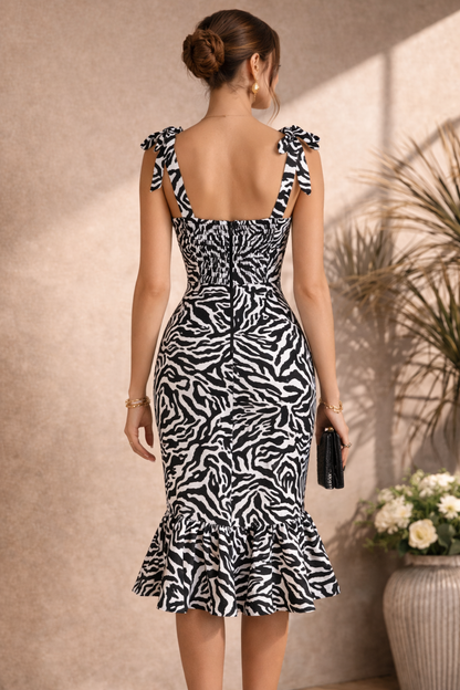 Women’s Black & White Zebra Print Bodycon Midi Dress – Elegant Sleeveless Party Dress with Front Slit