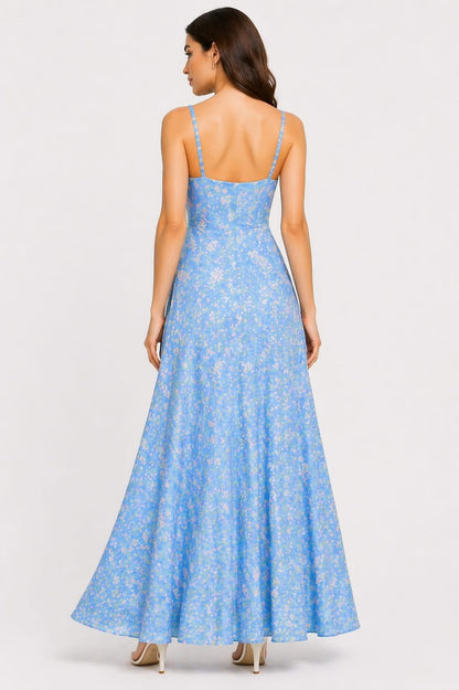 Elegant Sky Blue Floral Print Maxi Dress with Thigh Slit