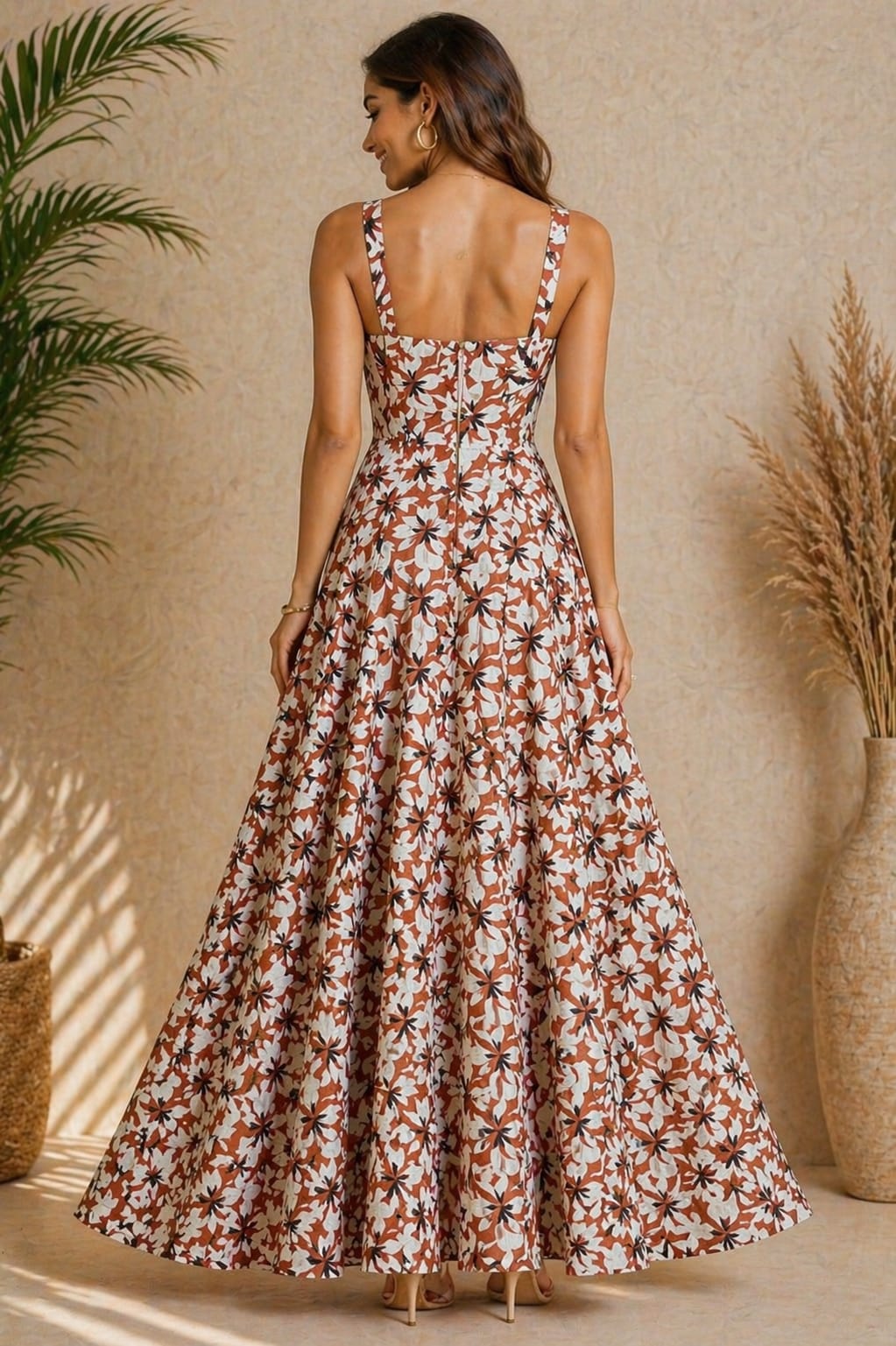 Women’s Rust Orange Floral Print Maxi Dress with Front Slit