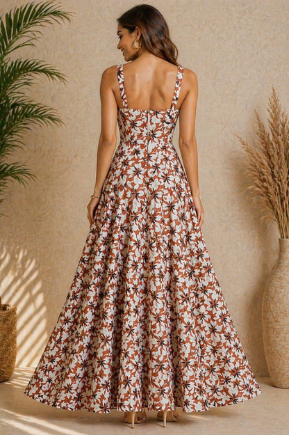 Women’s Rust Orange Floral Print Maxi Dress with Front Slit
