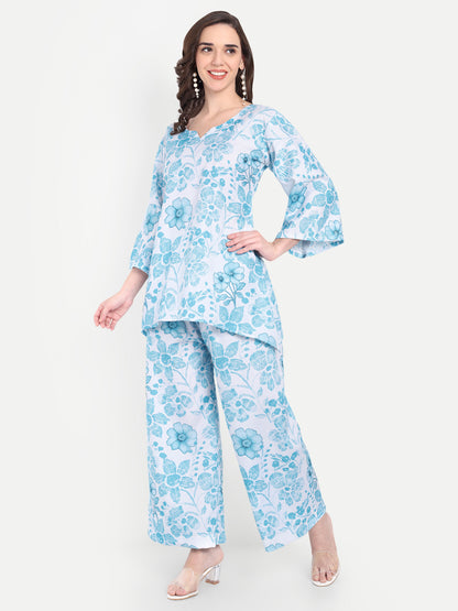Elegant Women Co-ord Set – Stylish Matching Top & Bottom Outfit for Casual & Party Wear blue and white
