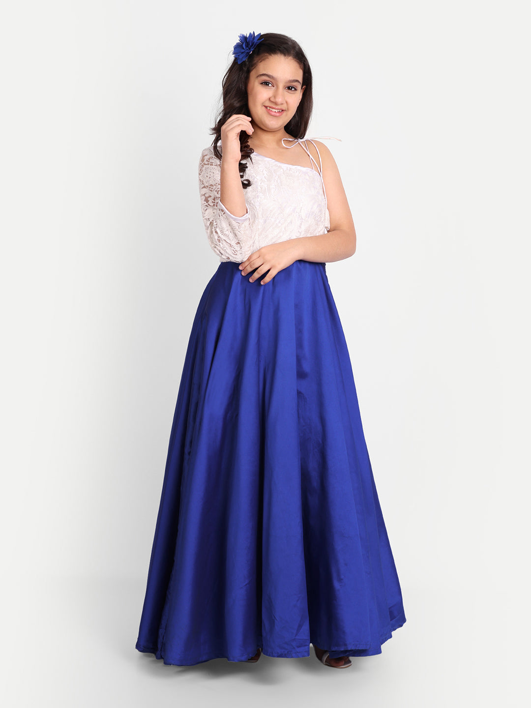 Royal Blue One-Shoulder Girls Gown with Lace Sleeve Design