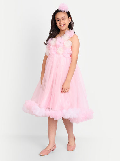 Girls Baby Pink Floral Net Party Gown