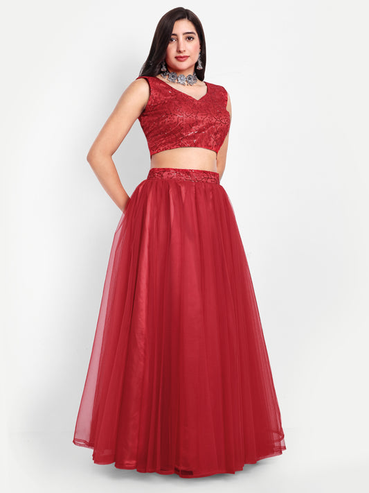 Elegant Women Flared Maxi Net Skirt red