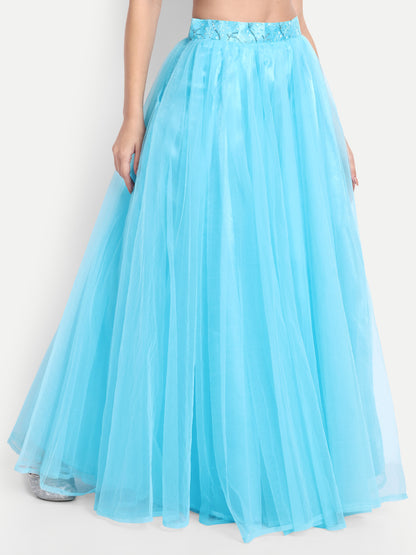 Elegant Women Flared Maxi Net Skirt blue