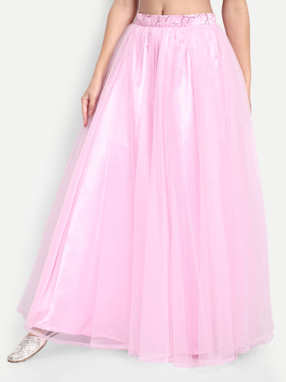 Elegant Women Flared Maxi Net Skirt pink