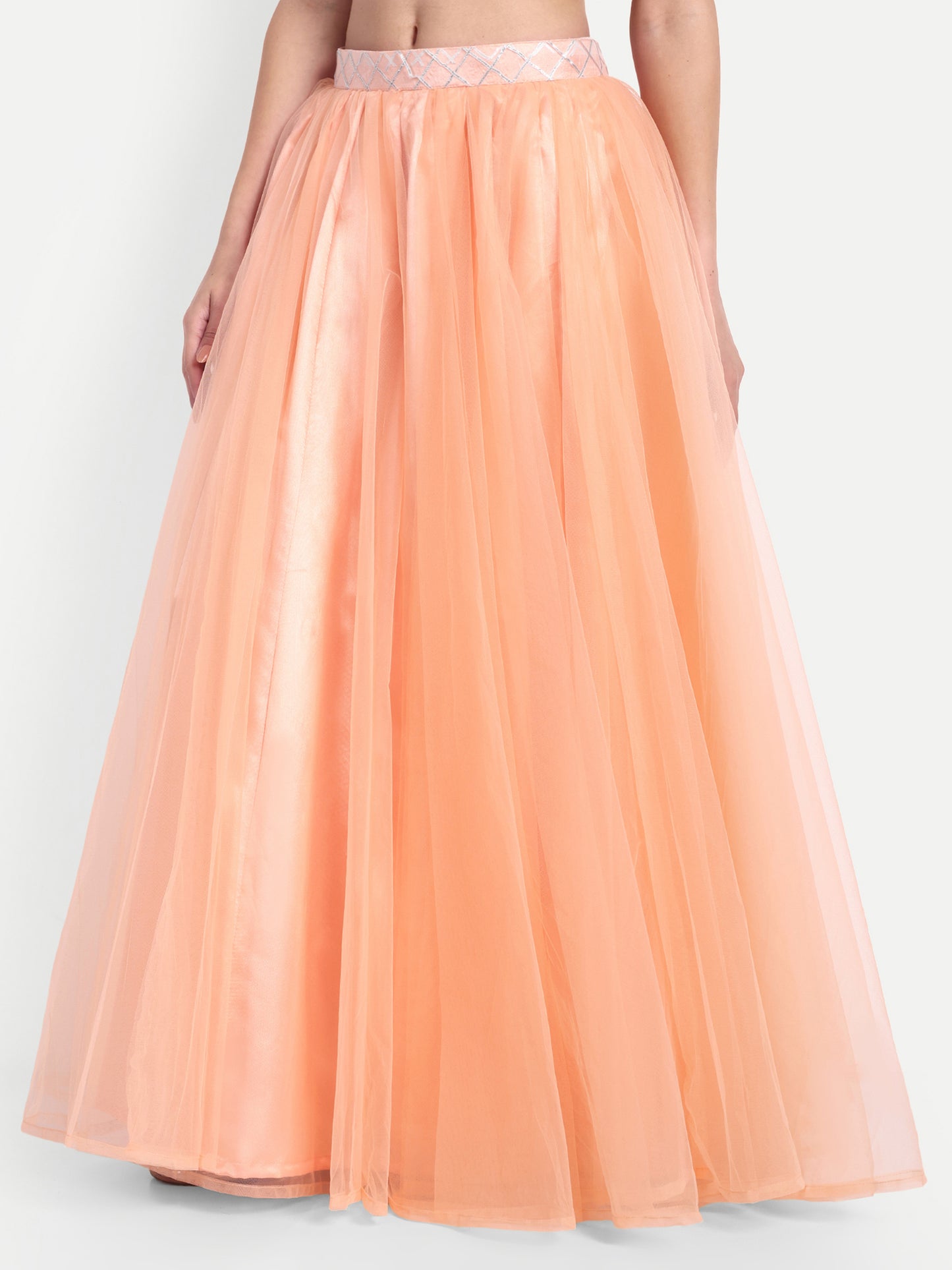Elegant Women Flared Maxi Net Skirt peach