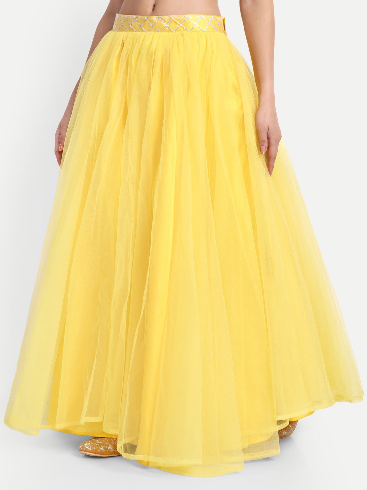 Elegant Women Flared Maxi Net Skirt yellow