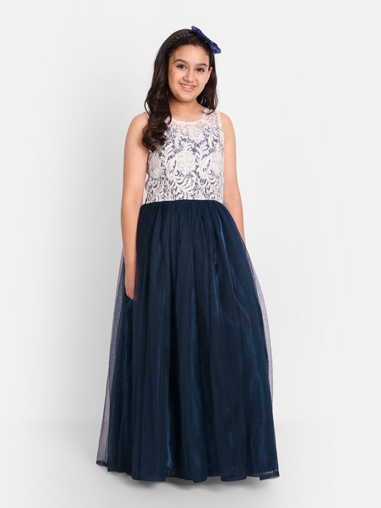 Elegant Navy Blue Net Gown for Girls with Floral Lace Design