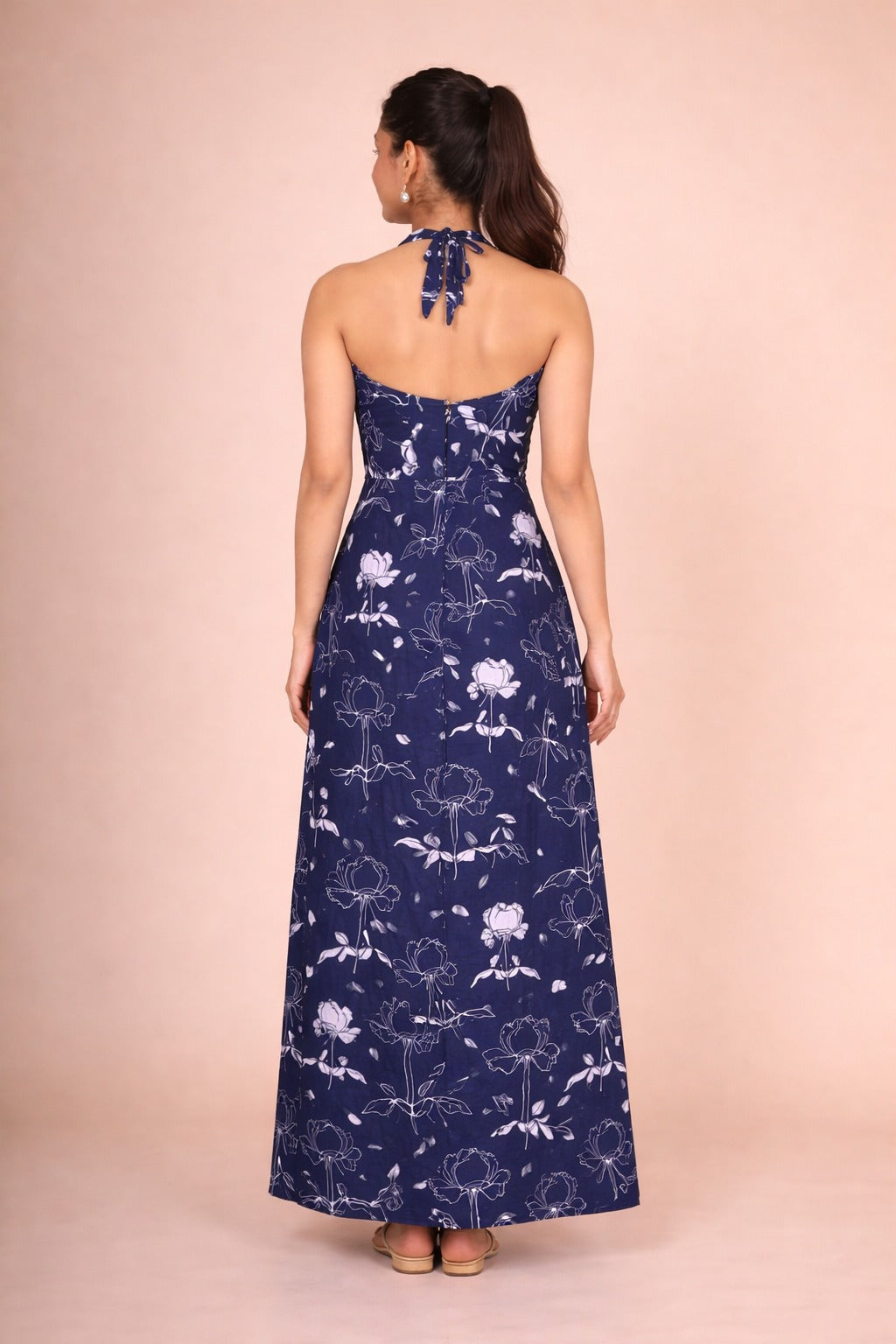 Navy Blue Floral Halter Neck Maxi Dress for Women – Elegant Sleeveless Summer Dress