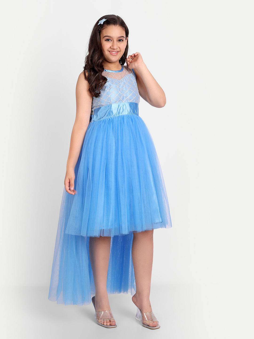 Sky Blue High-Low Tulle Party Gown for Girls with Embellished Bodice