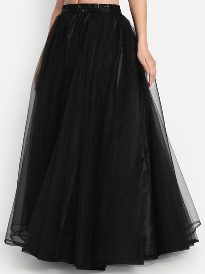 Elegant Women Flared Maxi Net Skirt black