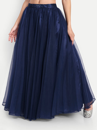 Elegant Women Flared Maxi Net Skirt navy blue