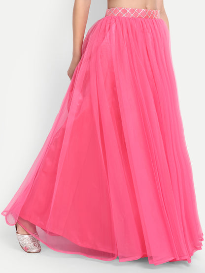 Elegant Women Flared Maxi Net Skirt pink