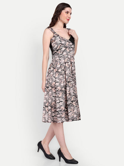 Elegant Women Printed Silk Fit & Flare Dress – Stylish Casual & Festive Wear