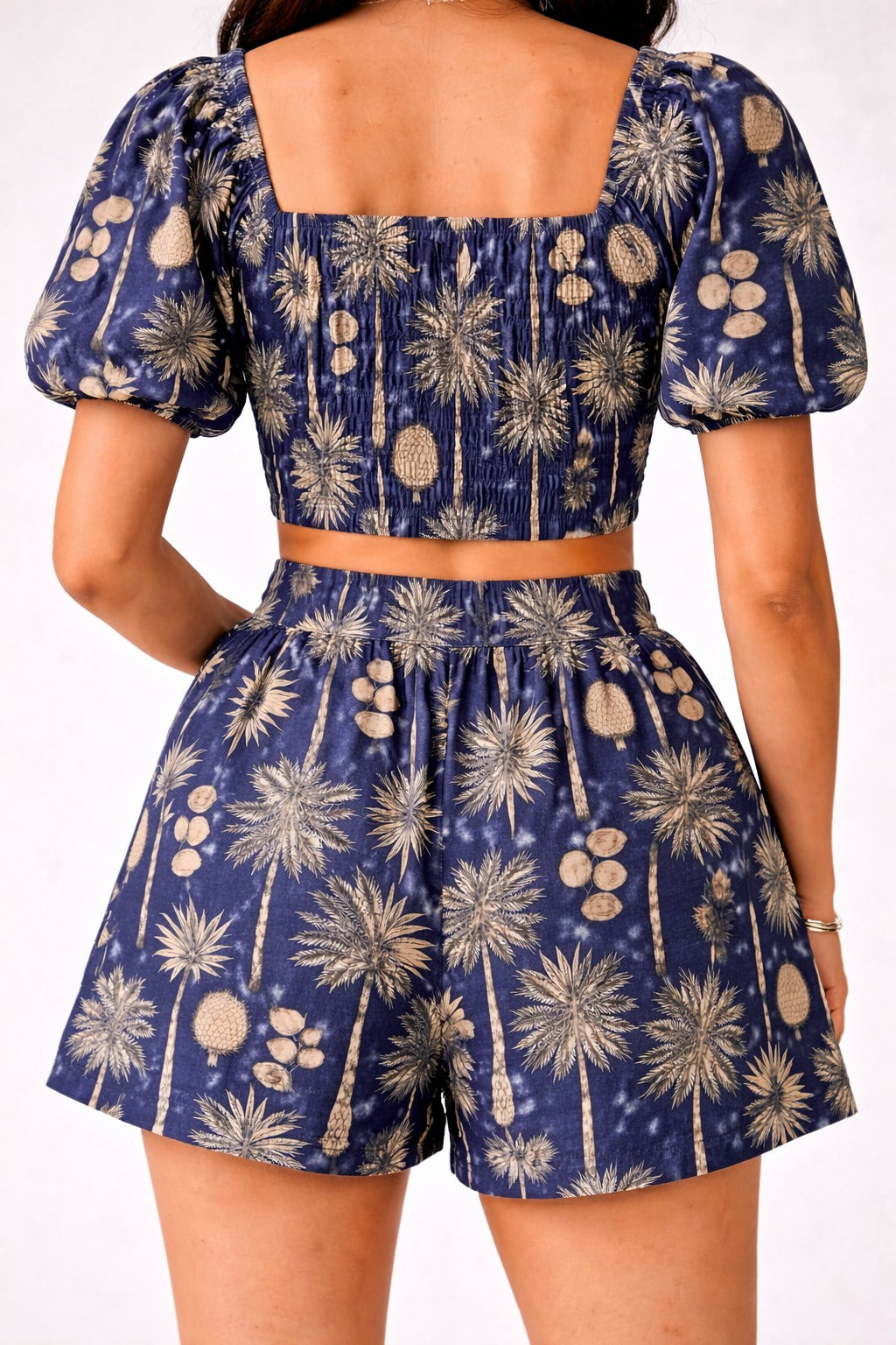 Navy Blue Tropical Print Crop Top and Shorts Co-Ord Set for Women – Puff Sleeve Summer Outfit
