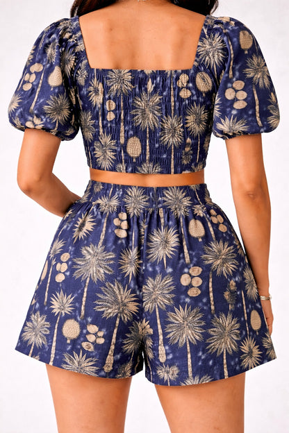 Trendy Women Floral Print Cord Set – Crop Top & Wrap Skort Co-Ord Set Navy blue floral