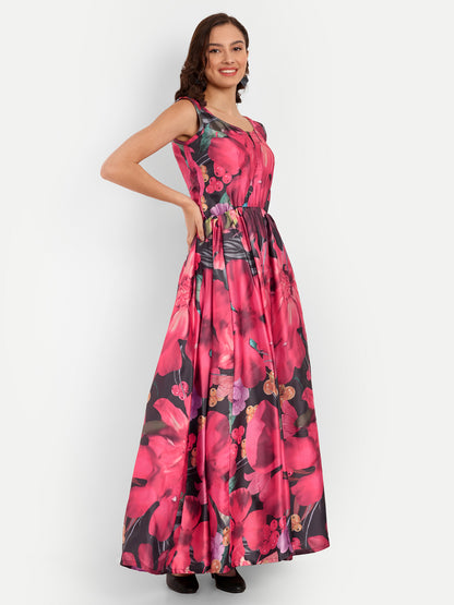 Elegant Women Floral Printed Sleeveless Satin Maxi Dress – Stylish Party, Vacation & Evening Wear