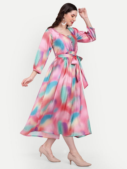 Elegant Women Printed Silk Maxi Fit & Flare Dress – Stylish Festive & Occasion Wear