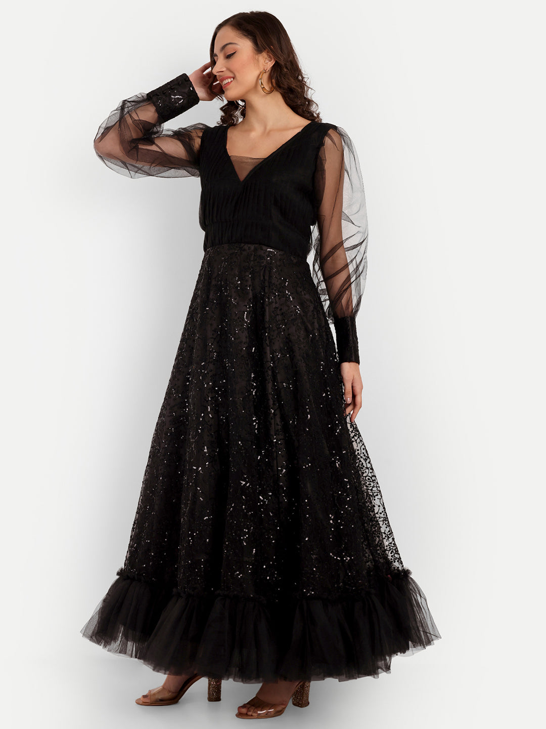 Elegant Women Ethnic Motifs Printed Silk & Net Dress – Festive & Party Wear