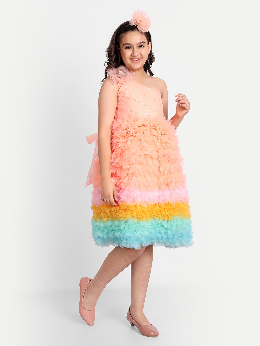 Peach Rainbow Layered Ruffle One-Shoulder Party Dress for Girls
