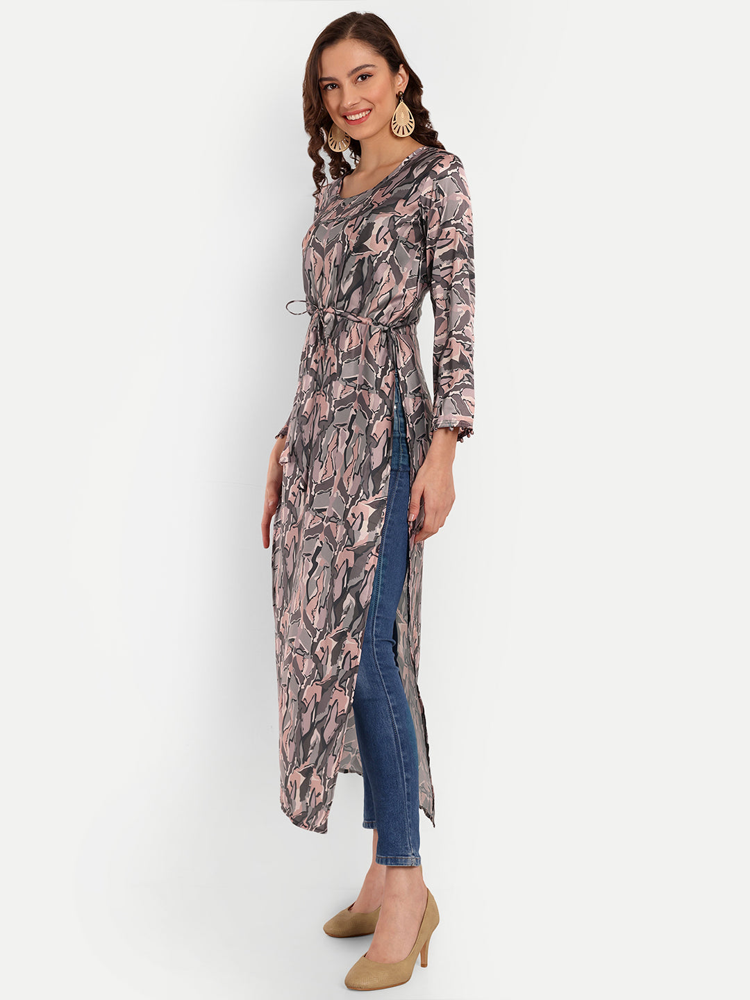 Elegant Women Abstract Printed Silk High Slit Kurta Dress – Round Neck Fusion Ethnic Wear