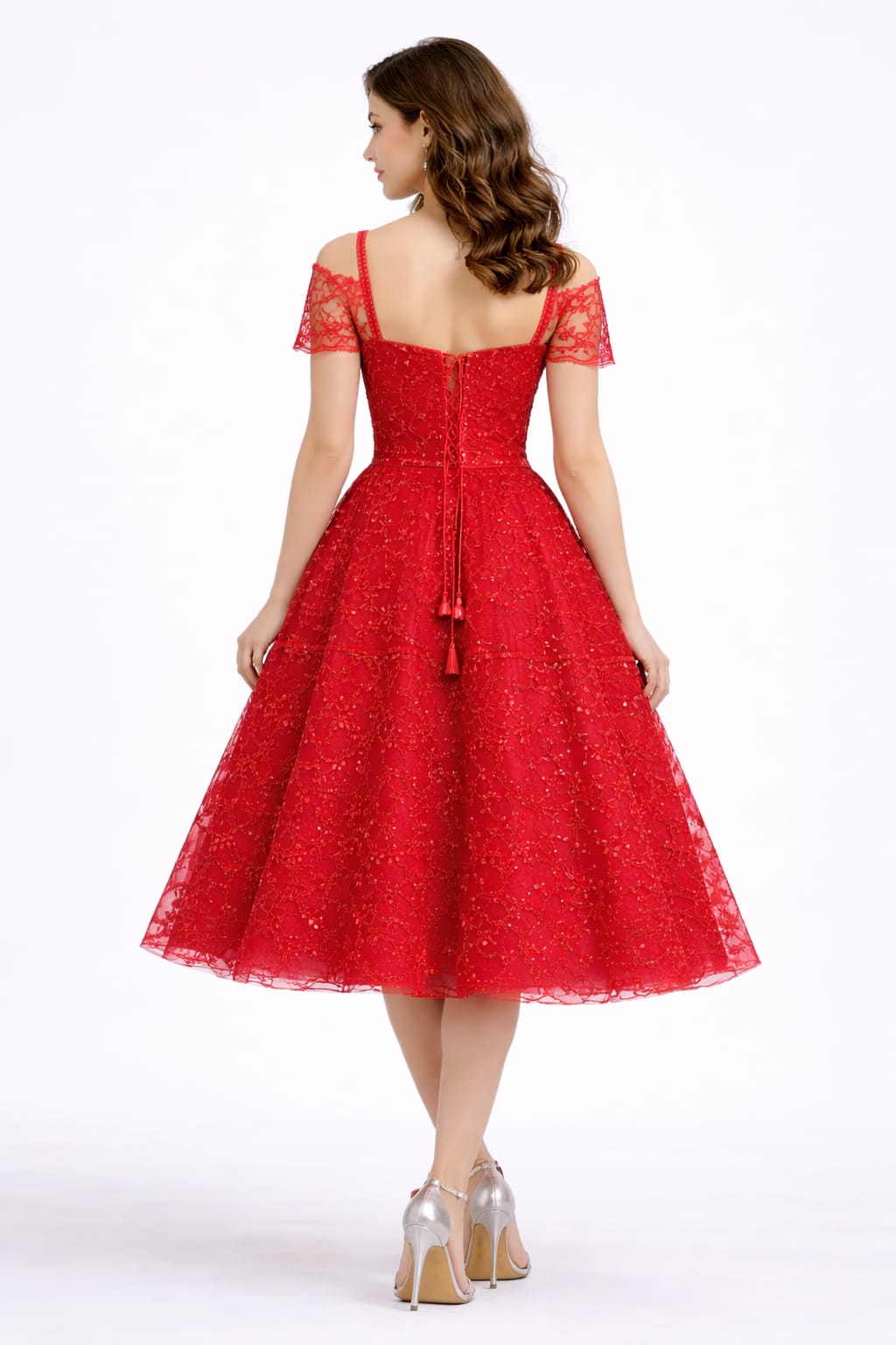 Elegant Ruby Red Lace Party Dress for Women