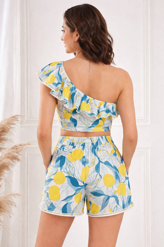 Trendy Women Floral Print Cord Set – Crop Top & Wrap Skort Co-Ord Set yellow and blue floral