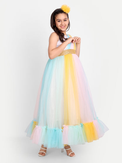 Pastel Rainbow One-Shoulder Tulle Gown for Girls