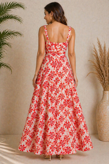 Women’s Red Floral Print Maxi Dress with High Slit