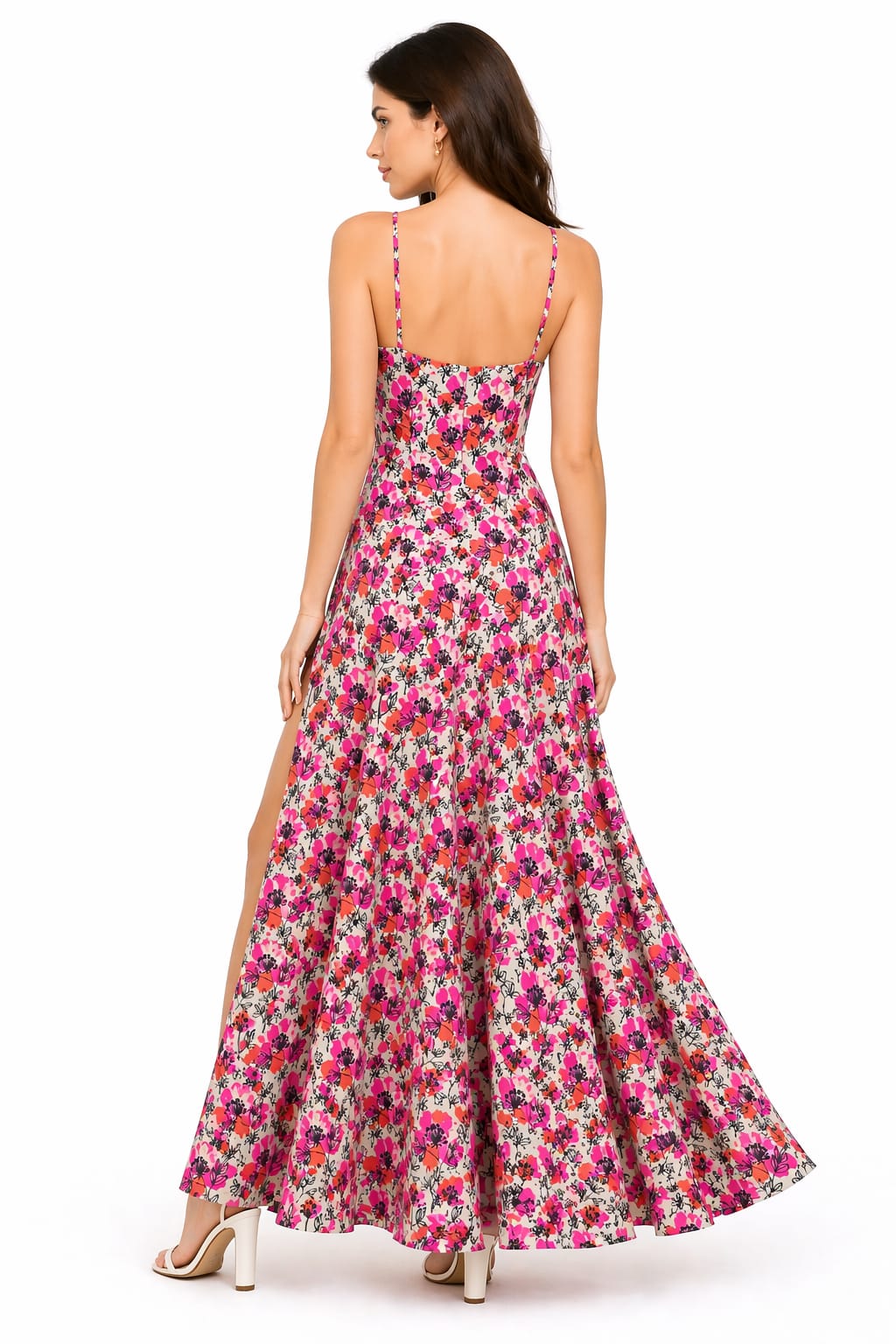 Pink Floral Print Side Slit Maxi Dress for Women – Elegant Sleeveless Summer Dress