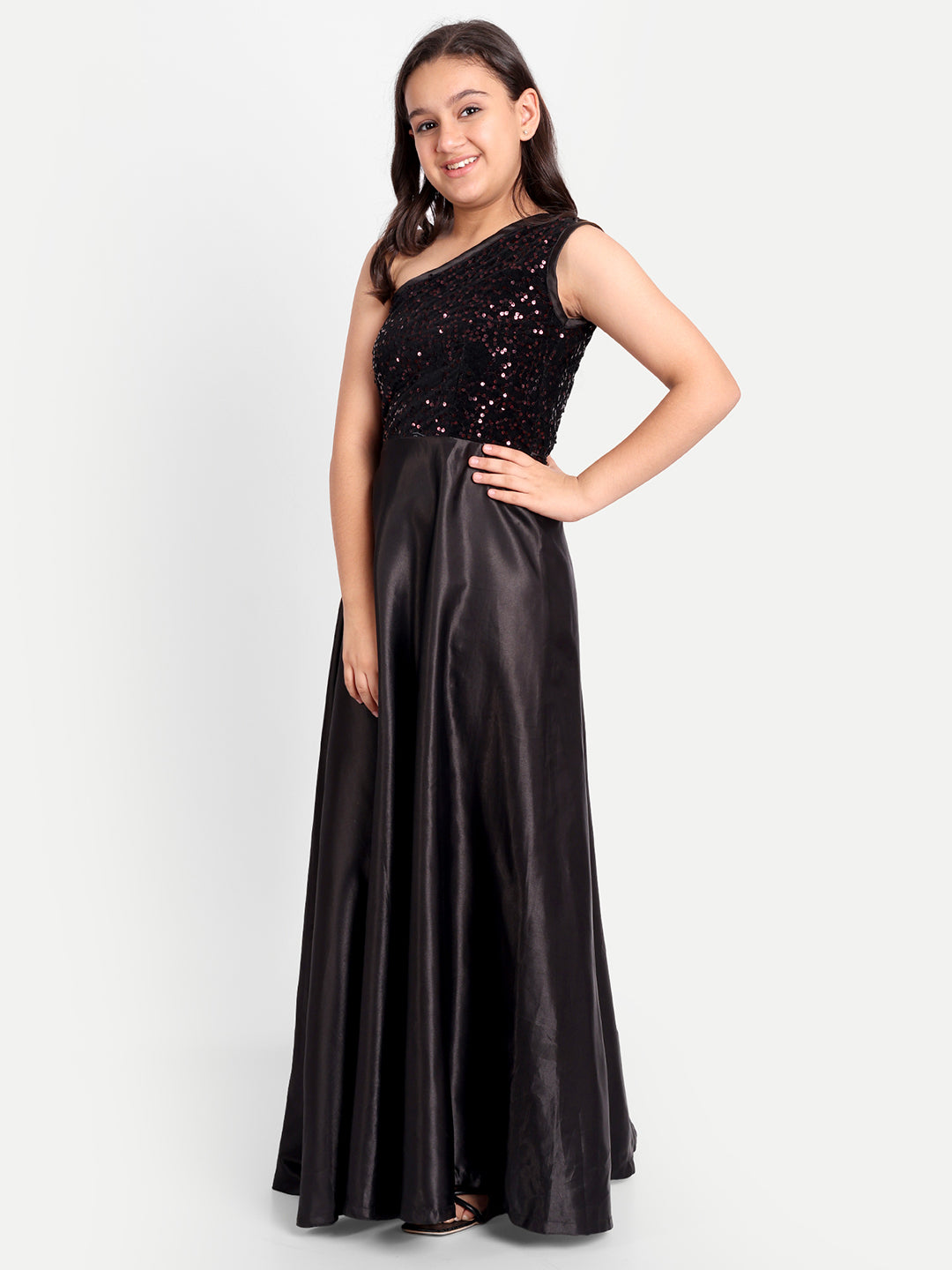 Girls Black One-Shoulder Sequin Party Gown