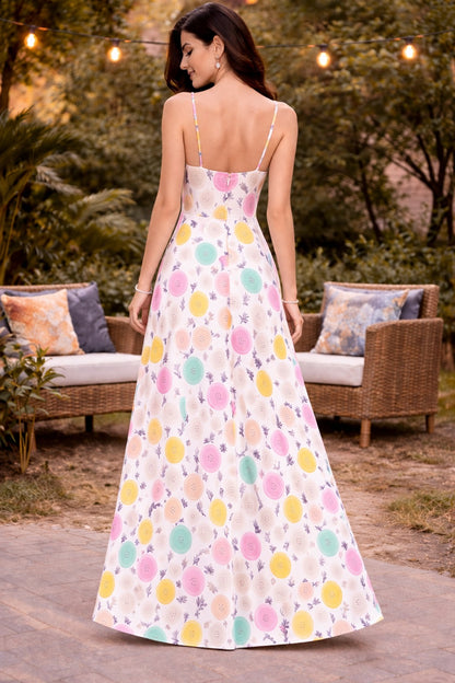 Women’s White Pastel Floral Print Maxi Dress with High Slit