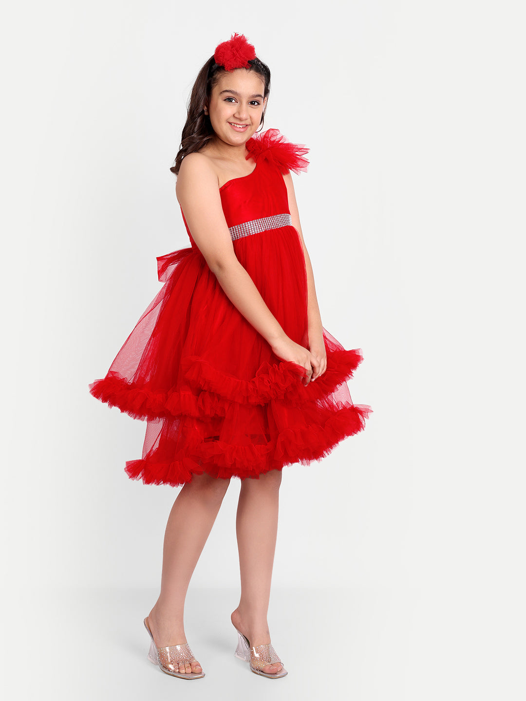 Girls Red One-Shoulder Frill Party Dress