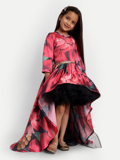 Girls Floral Print High-Low Designer Party Gown
