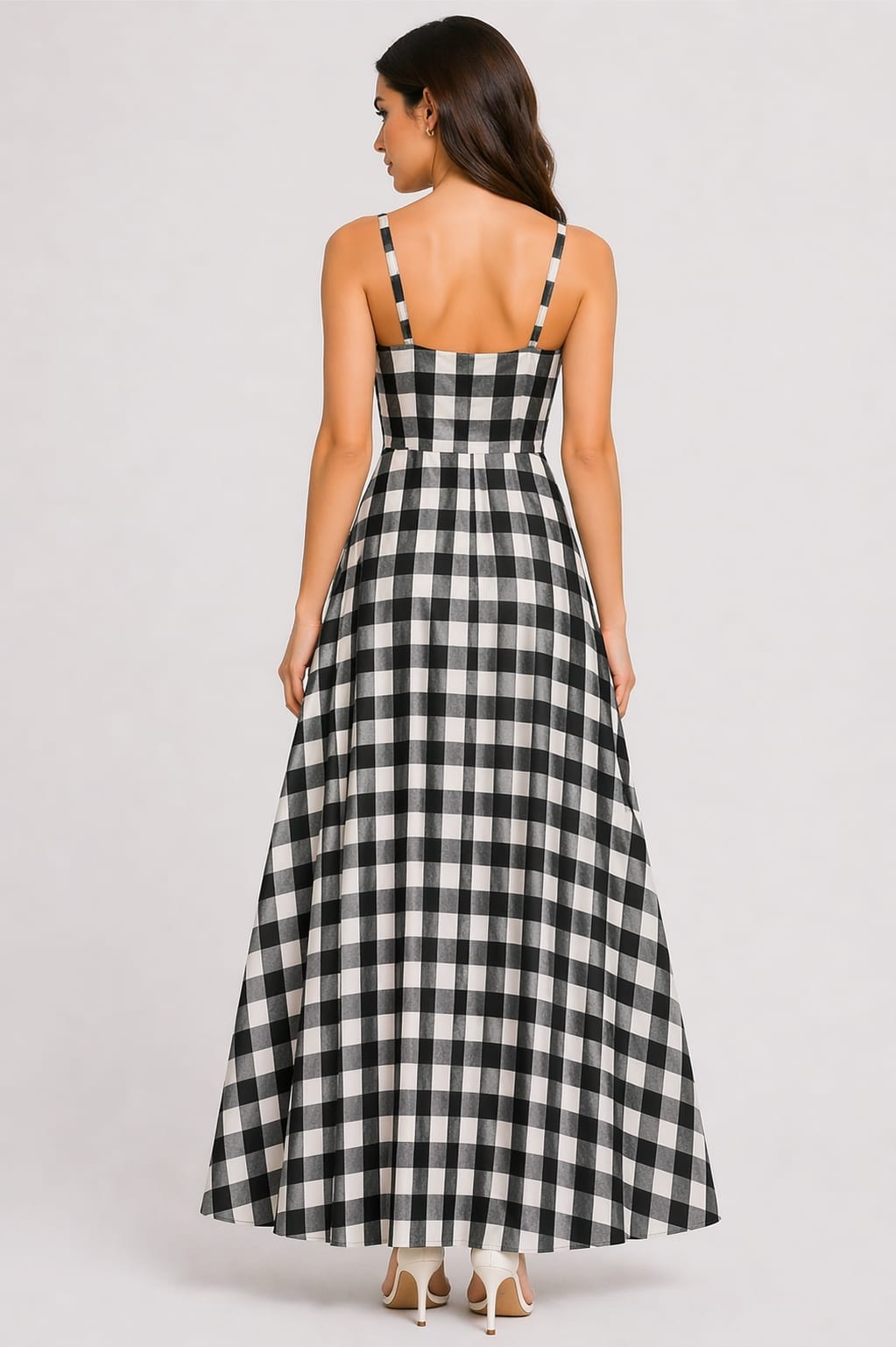 Black & White Gingham Side Slit Maxi Dress for Women – Sleeveless Checkered Party Dress