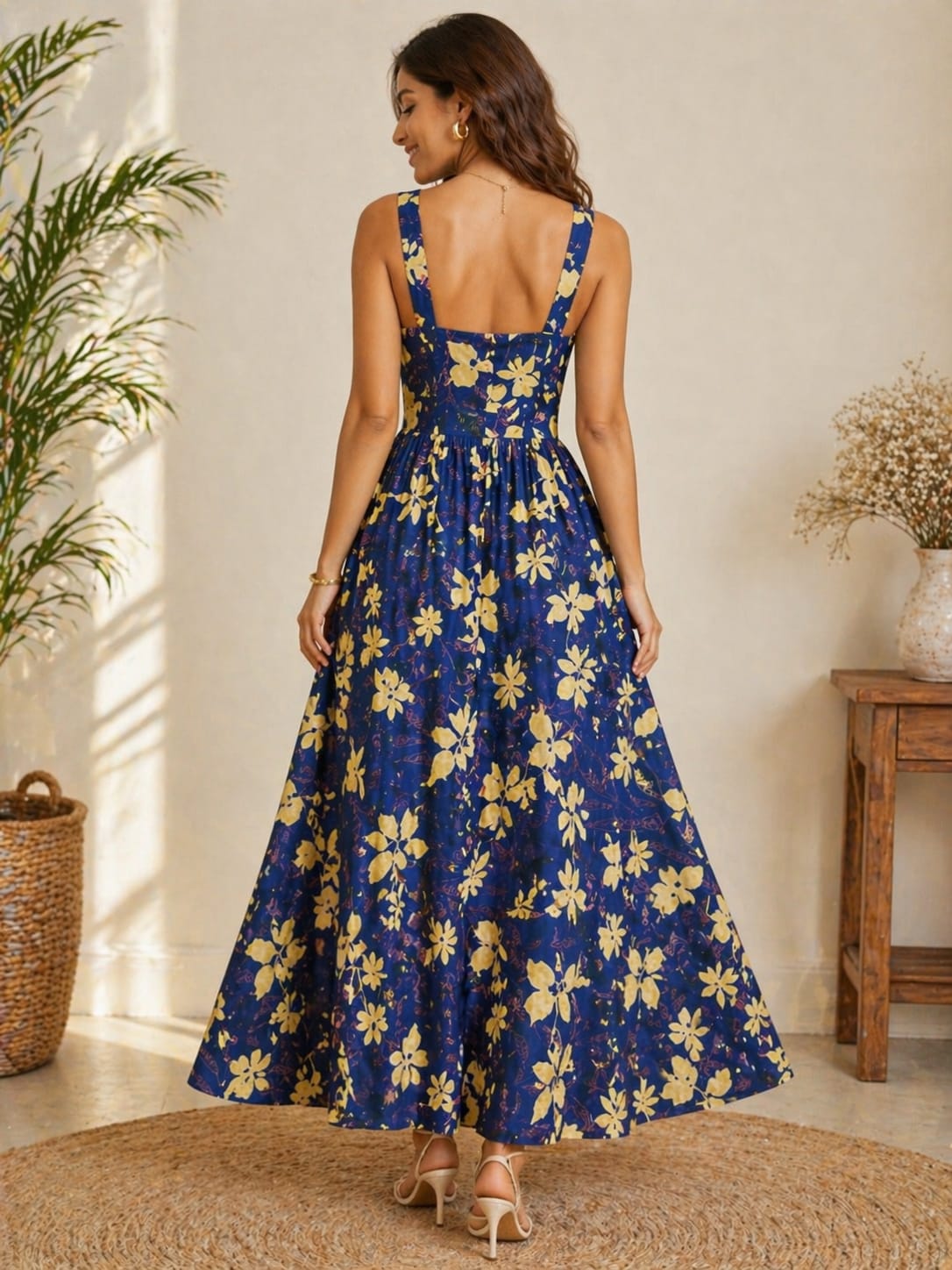 Women’s Navy Blue Floral Print Midi Maxi Dress