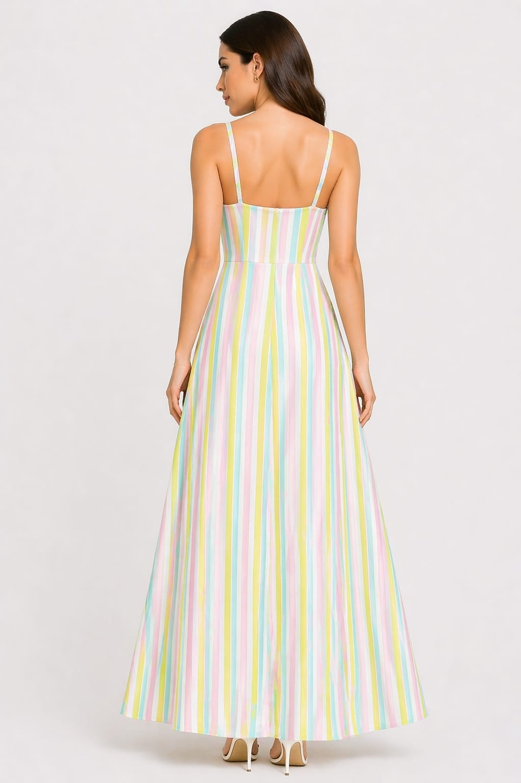 Pastel Rainbow Stripe Side Slit Maxi Dress for Women – Sleeveless Summer Party Dress