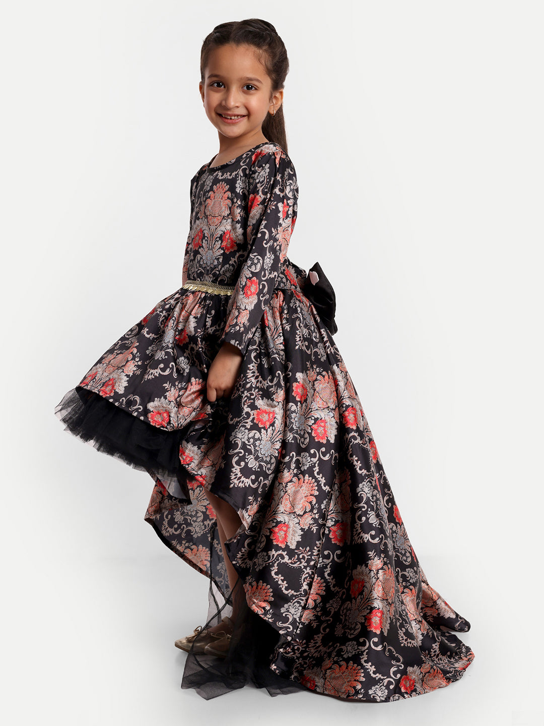 Black Floral High-Low Party Gown for Girls with Full Sleeves