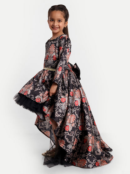 Black Floral High-Low Party Gown for Girls with Full Sleeves