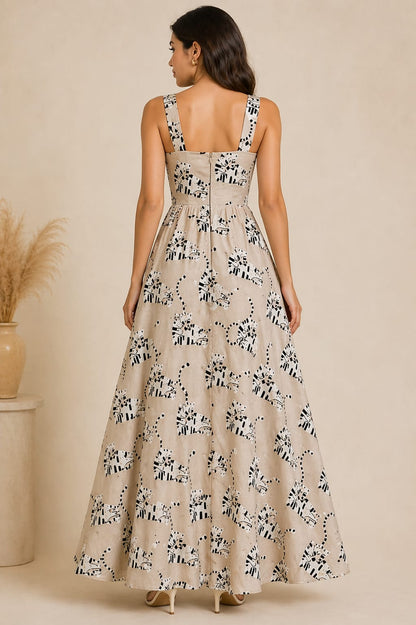 Women’s Beige Cat Print Maxi Dress with Side Slit