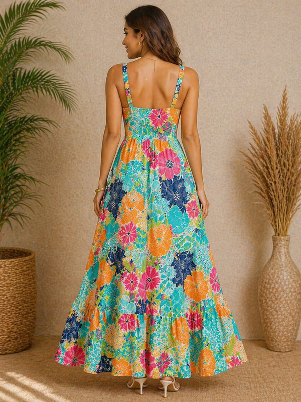 Multicolor Floral Printed Tiered Maxi Dress for Women – Sleeveless Summer Vacation Dress