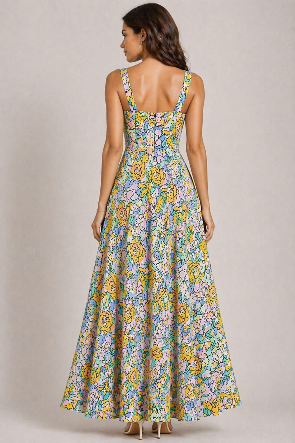 Pastel Floral Side Slit Maxi Dress for Women – Elegant Sleeveless Summer Party Dress