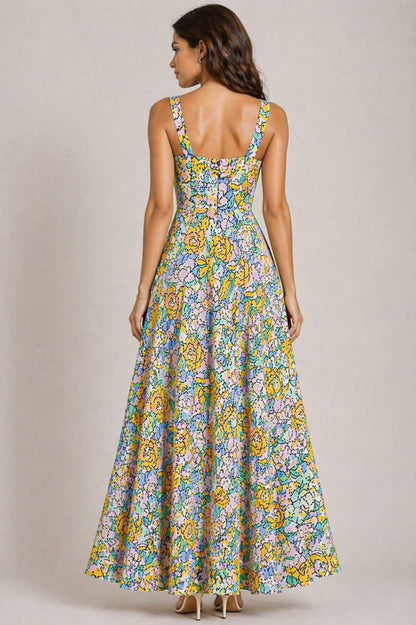 Pastel Floral Side Slit Maxi Dress for Women – Elegant Sleeveless Summer Party Dress