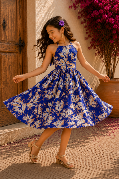 Girls’ Royal Blue Frock | Cream & Beige Cotton Botanical Dress