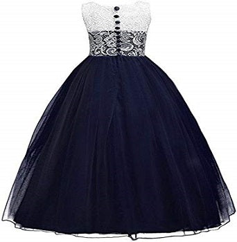 Girls Navy Blue Princess Party Gown with White Lace Bodice & Flared Tulle Skirt